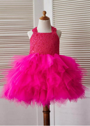 Hot Pink Lace Tulle Cross Back Knee Length Flower Girl Dress